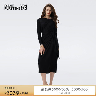 DVF 曜石黑弹力针织简约一字领仿裹身裙连衣裙DW3T003