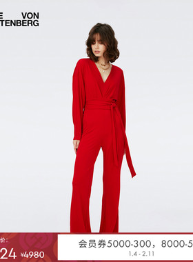 DVF宴会阔腿裤红色长袖连体裤长裤PJ4R001