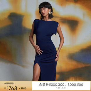 DVF度假圆领侧开叉及踝裙长哑光针织轻礼服连衣裙DS1S053