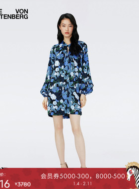 [博主同款]DVF蓝色锁链印花长袖短裙连衣裙DL4R032