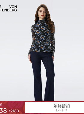 DVF2025秋冬新款水墨百合图案金属弹力网纱长袖打底上衣BL3T006