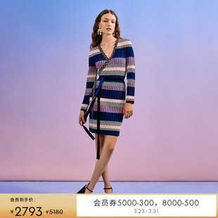 修身 V领条纹提花针织长袖 DVF 裹身连衣裙DR4R002 提花工艺