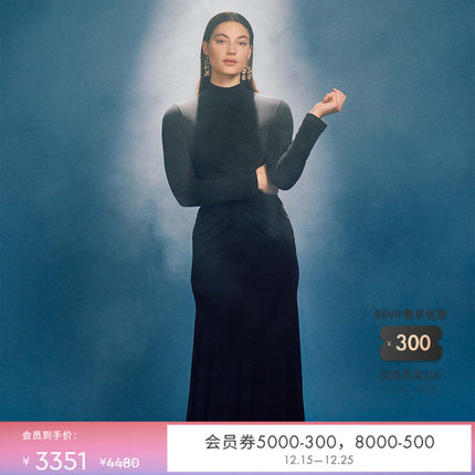 DVF 半高领A字裙黑色长袖中长款连衣裙DL3R021