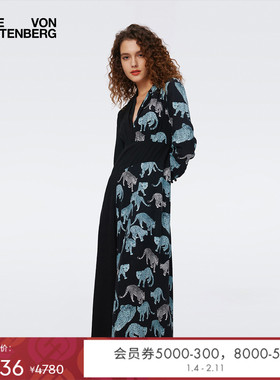 DVF蓝色豹猫动物/纯色拼接连衣裙DL3S053