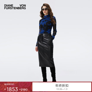 DVF2025秋冬蓝黑斑驳树纹弹力网纱打底上衣BL3T006 金属弹力网纱