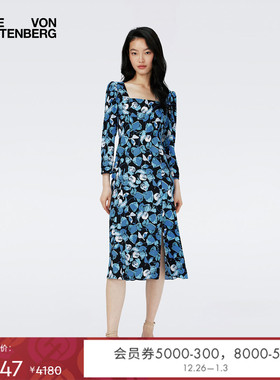 [玫瑰相似款]DVF法式方领植物印花长袖连衣裙DL4R008