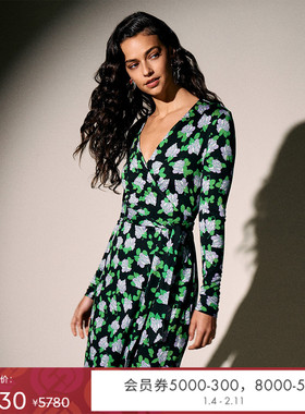 [100%真丝]DVF V领长袖短款桑蚕丝裹身连衣裙DW3R012