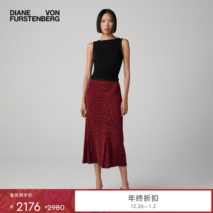复古风豹纹针织修身 DVF2025秋冬新款 中长半裙KM4T003 哑光针织