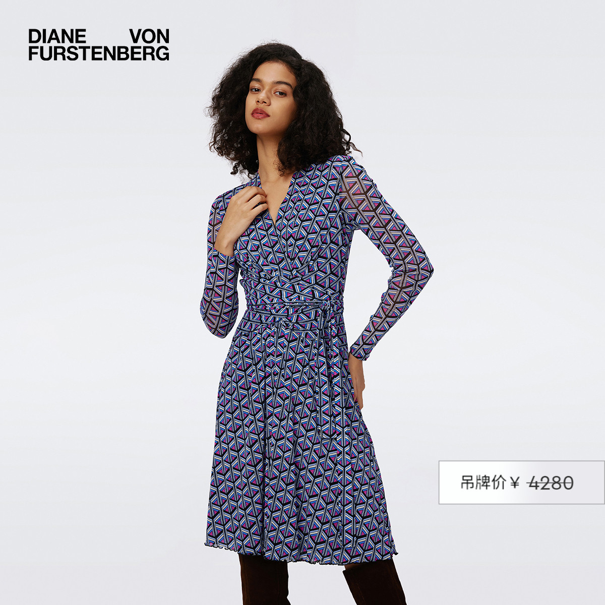 DVF蓝色菱形几何V领裹身连衣裙