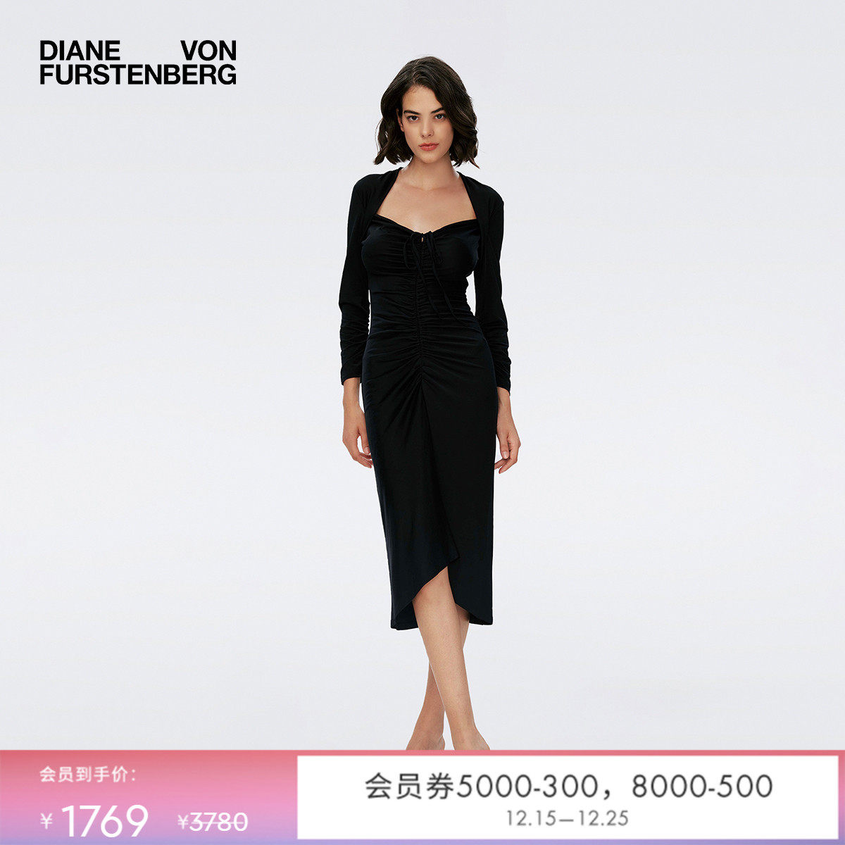 DVF复古方领轻礼服小黑裙连衣裙