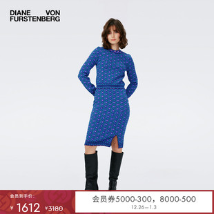 DVF铅笔裙中长款 针织蓝色波点开叉半身裙KN4R003