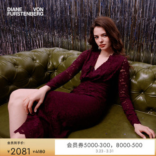 DVF梅子红开衩蕾丝礼服连衣裙DL3S010 重工花卉蕾丝