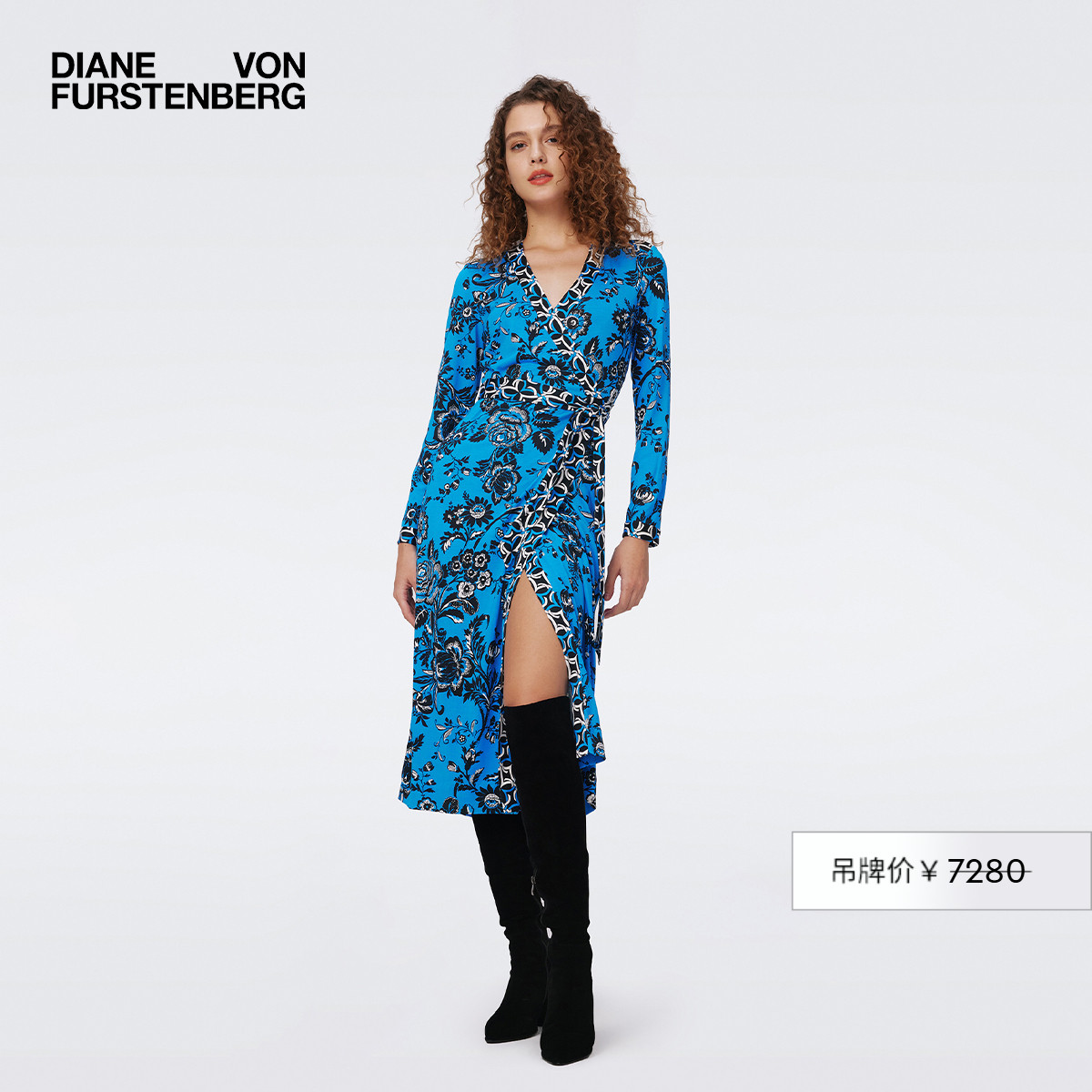 DVF植物几何拼接裹身连衣裙