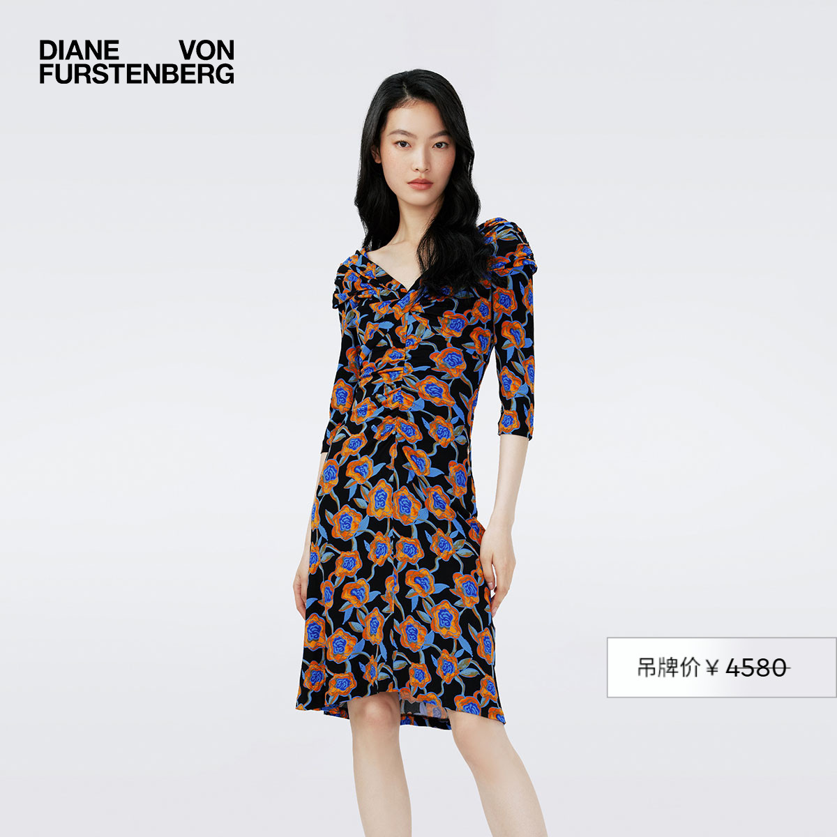 DVF咖色涂鸦玫瑰花朵连衣裙