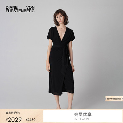 DVF曜石黑荷叶袖裹身裙