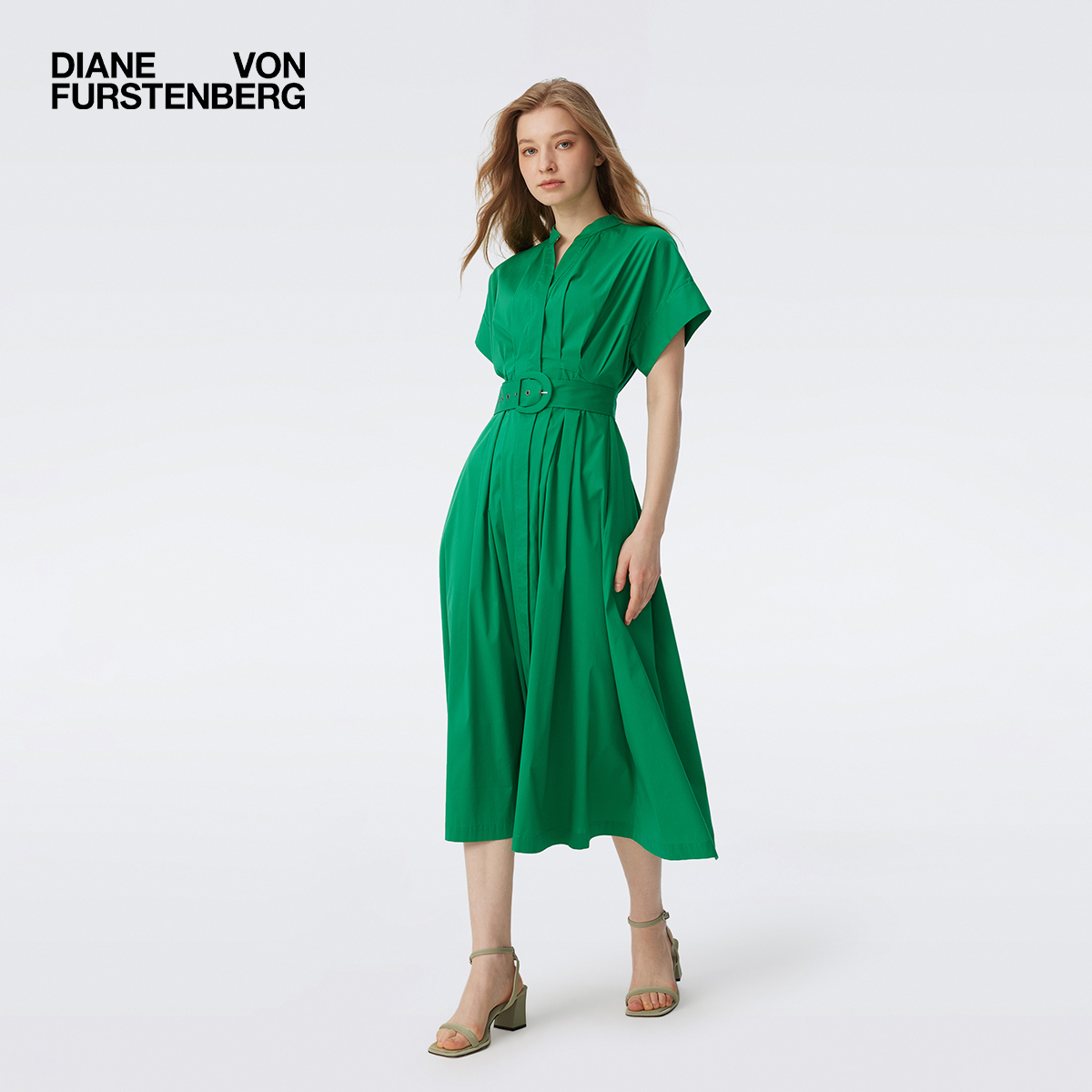 DVFV领短袖纯色春意绿连衣裙