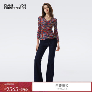 DVF2025秋冬棋盘格红黑豹纹双面弹力网纱V领上衣BL3T003 双面穿