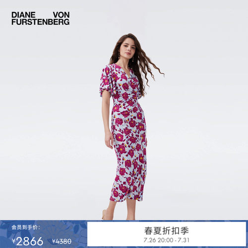 [七夕礼物]DVF2026春夏新款度假风蓝紫色摩登比芭玫瑰轻薄裹身裙