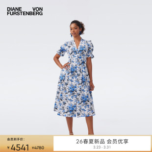 DVF2026春夏新款 连衣裙DS1U032 蓝白绿野仙踪V领泡泡袖