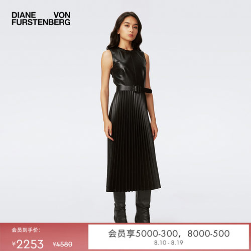 DVF黑色百褶仿皮革中长款连衣裙