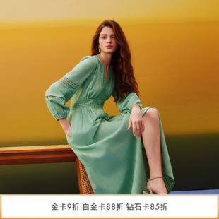 V领茶歇裙海沫绿蕾丝拼接多比棉连衣裙DL1U003 DVF2026春夏新款
