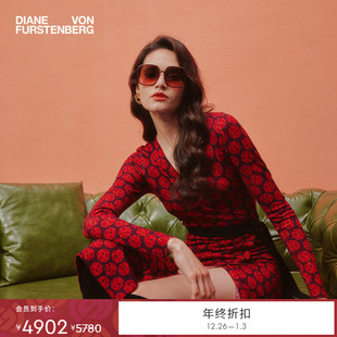 粉色幸运骰子裹身裙DR3T003 DVF2025秋冬新款 美利奴羊毛