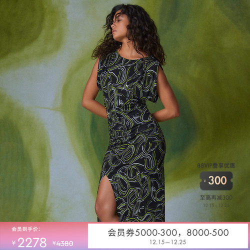 DVF黑黄曜石缎带蛇纹图案连衣裙