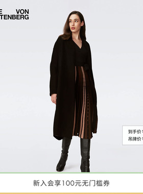 [双面毛呢]DVF羊毛混纺曜石黑色长款开衫式大衣外套CL3S005