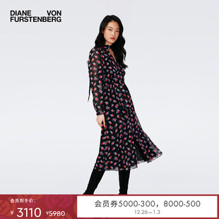 DVF茶歇裙V领A字裙摆雪纺连衣裙DL4R040 玫瑰印花