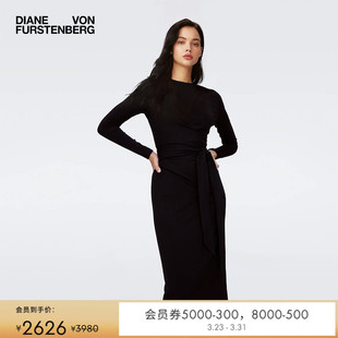 修身 围裹式 DVF气质曜石黑色海文针织长袖 连衣裙MR62E00 小黑裙