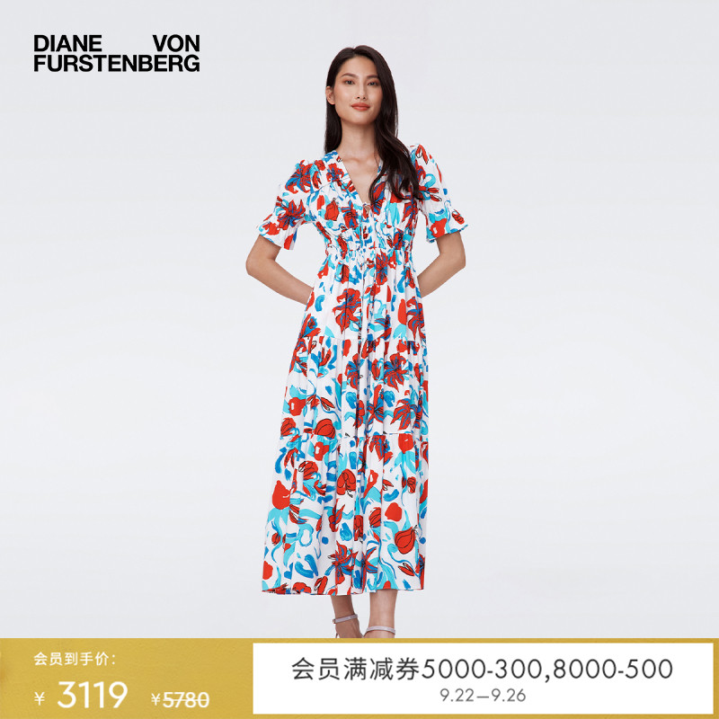 DVFV领荷叶袖茶歇裙印花连衣裙