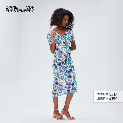 DVF蓝绿紫抽象水彩花卉V领连衣裙