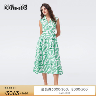无袖 修身 中长连衣裙DS2T021 式 DVF绿白棕榈叶印花度假风衬衫