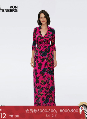 [玫瑰印花][100%真丝]DVF印花桑蚕丝裹身连衣裙长裙DW4R014