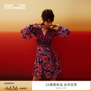 裹身连衣裙DW1U005 短款 DVF2026春夏新款 V领茶歇裙雾粉玫瑰喇叭袖