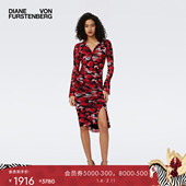 红裙连衣裙DL4R063 V领弹力网纱植物印花修身 弹力网纱 DVF