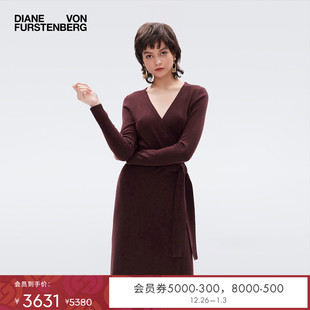 DVF羊毛羊绒裹身裙V领高腰可可棕针织连衣裙MR74E00 绵羊毛