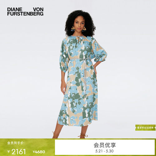 DVF清晨蓝大地花卉圆领连衣裙