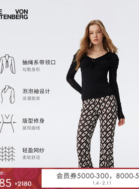 DVF2025新款曜石黑泡泡袖抽绳系带领弹力网纱长袖上衣BL1T009