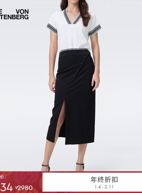 DVF2025秋季新款纯色曜石黑单排扣开叉半裙KM2T001