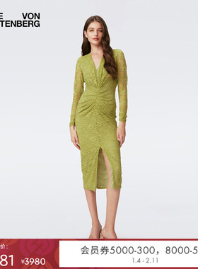 [重工花卉蕾丝]DVF2025新款牛油果绿纯色前开衩蕾丝连衣裙DL3S011