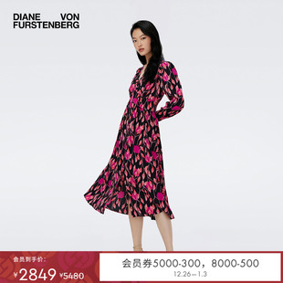 DVF茶歇裙玫瑰粉植物印花绉纱长袖 连衣裙DL4R010