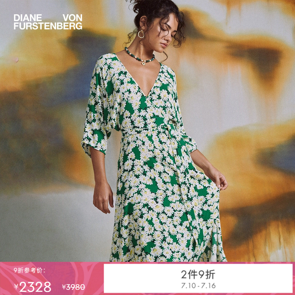 DVF裹身裙度假碎花裙V领印花轻薄复古连衣裙DW1S001