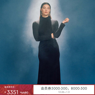 连衣裙DL3R021 中长款 DVF 半高领A字裙黑色长袖