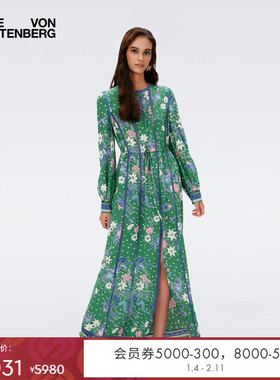 [海岛度假]DVF气质长裙青草绿印花长袖度假连衣裙DL4R028
