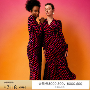 DVF红裙茶歇裙V领波点印花轻礼服修身 连衣裙DL4R021 长袖
