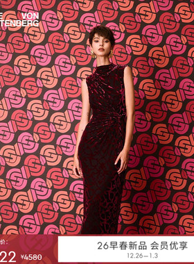 [重工烧花丝绒]DVF2026早春新款酒红阿拉伯藤曼礼服裹身裙DW4T005