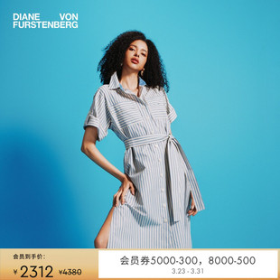 连衣裙DS2T032 式 DVF清新雾蓝条纹度假系带短袖 衬衫