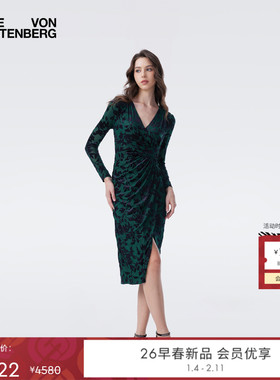 [重工烧花丝绒]DVF2026早春新款黑绿藤蔓丝绒烧花连衣裙DL4T021