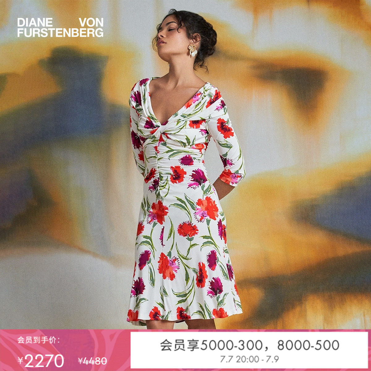 DVF碎花裙一字肩V领七分袖轻薄印花连衣裙DL1S003
